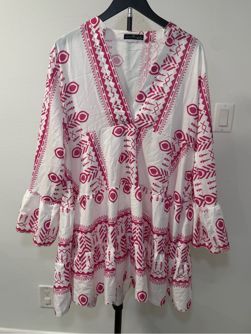 Emery Rose XXL Pink White Boho Print Tiered Bell Sleeve Dress